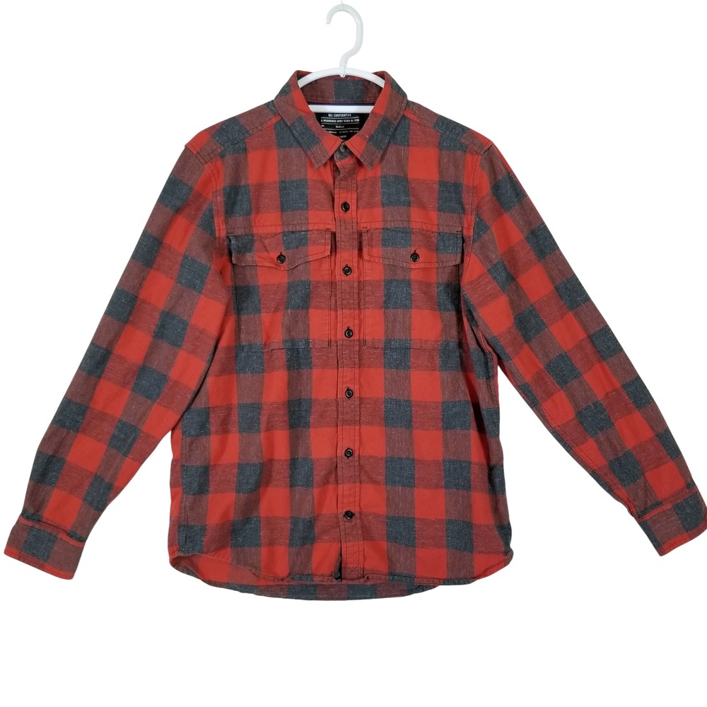 REI Cooperative Men Flannel Shirt Medium Red Gray Buffalo Plaid Cotton Button Up